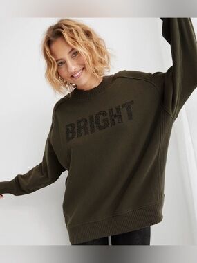Aerie Down-To-Earth Crew Sweatshirt Small Green Olive Oversized Bright Stars